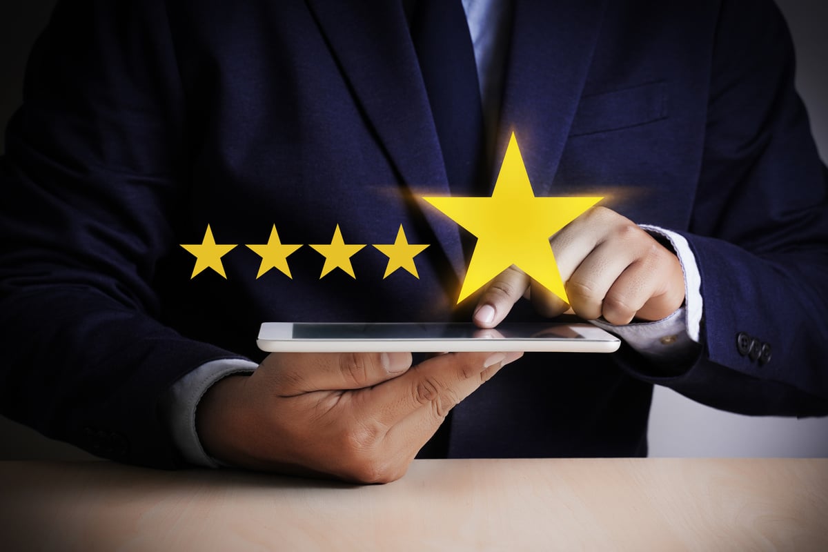 Man Happy Customer give  Five Star Rating Experience Customer service and care Concept